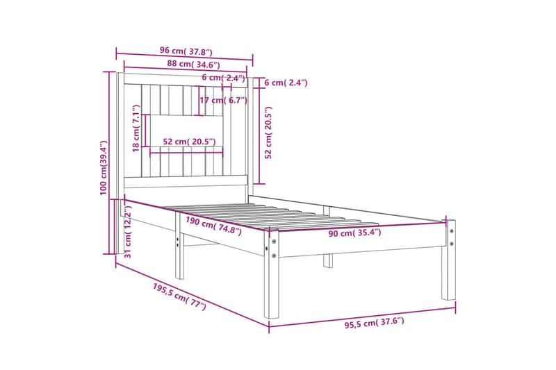 beBasic sengeramme 90x190 Single massivt træ - Brun - Sengeramme & sengestel