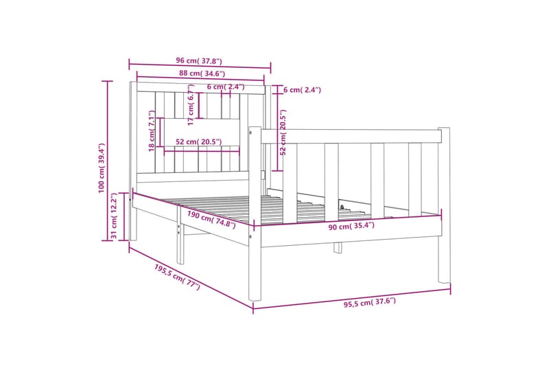 beBasic sengeramme 90x190 Single massivt træ - Brun - Møbler - Senge - Sengeramme & sengestel