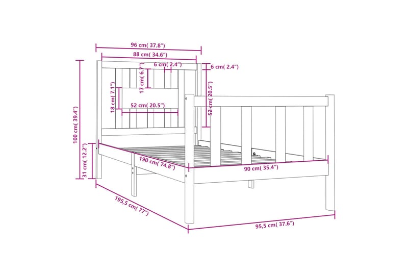 beBasic sengeramme 90x190 Single massivt træ - Brun - Sengeramme & sengestel