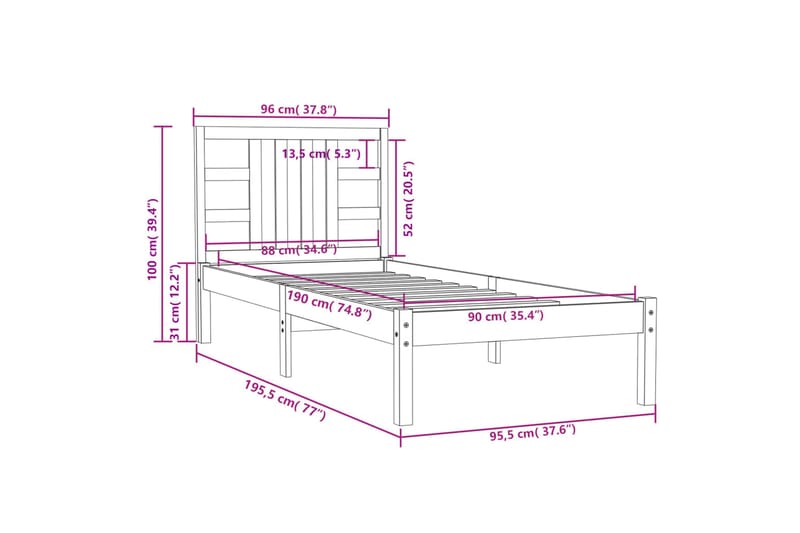 beBasic sengeramme 90x190 Single massivt træ - Brun - Møbler - Senge - Sengeramme & sengestel