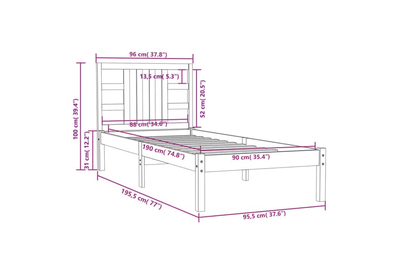 beBasic sengeramme 90x190 Single massivt træ - Brun - Sengeramme & sengestel