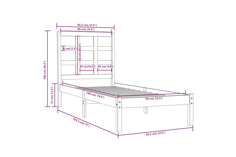 beBasic sengeramme 90x190 Single massivt træ - Brun - Sengeramme & sengestel