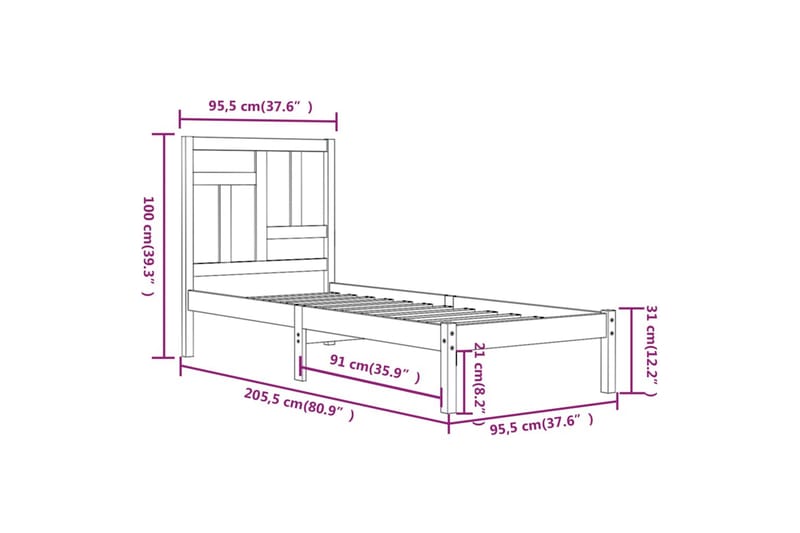 beBasic sengeramme 90x200 cm massivt fyrretræ - Brun - Sengeramme & sengestel