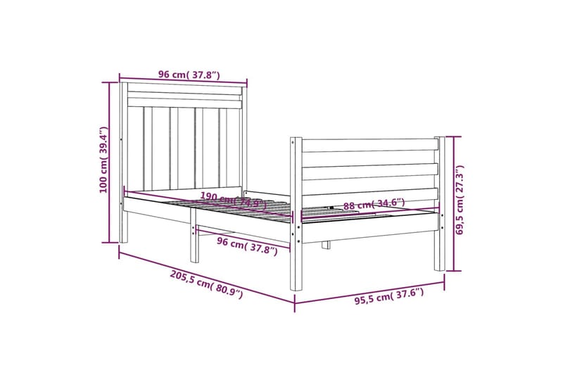 beBasic sengeramme 90x200 cm massivt træ - Brun - Møbler - Senge - Sengeramme & sengestel