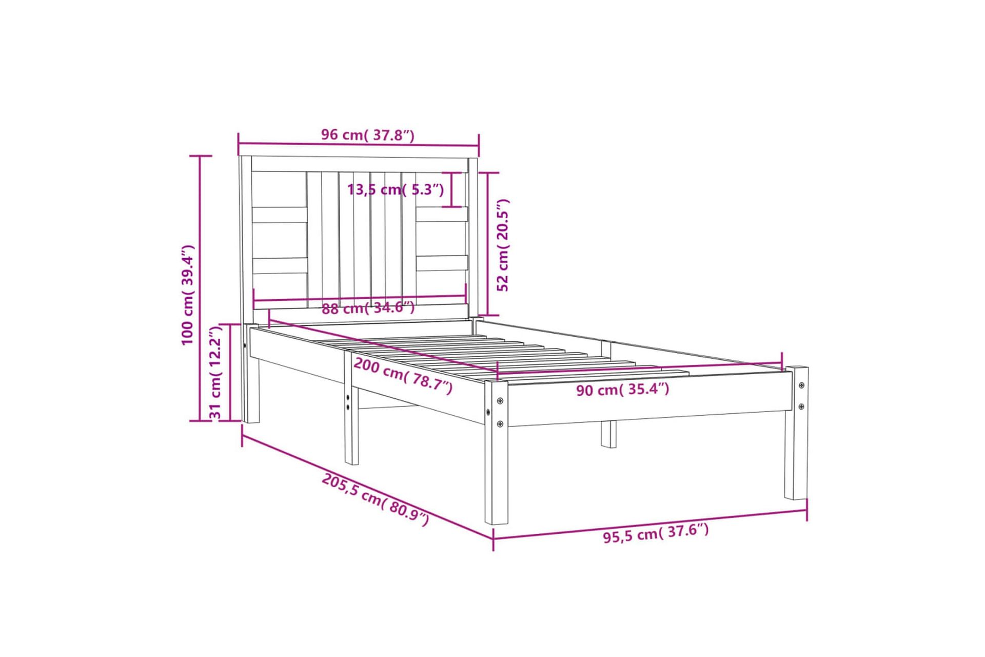 beBasic sengeramme 90x200 cm massivt træ - Brun - Møbler - Senge - Sengeramme & sengestel