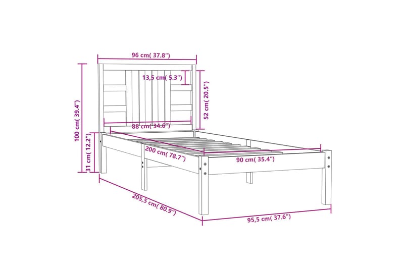 beBasic sengeramme 90x200 cm massivt træ - Brun - Møbler - Senge - Sengeramme & sengestel