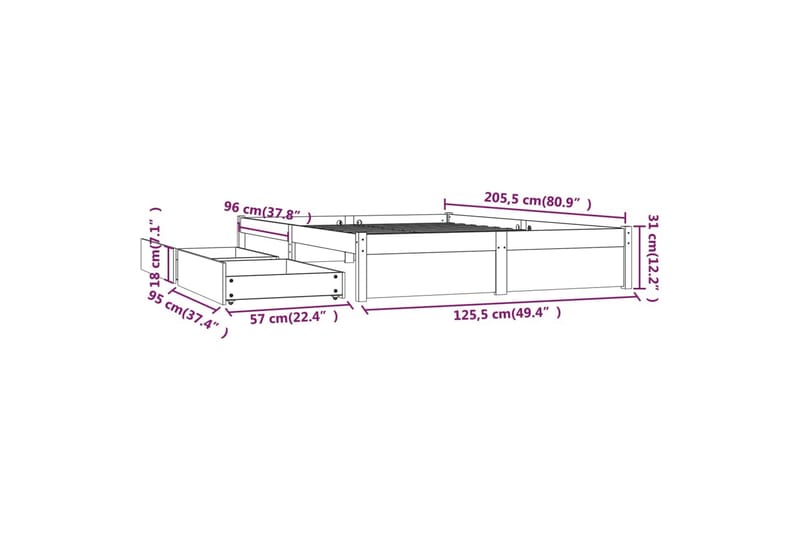 beBasic sengeramme med skuffer 120x200 cm dobbelt - Brun - Møbler - Senge - Sengeramme & sengestel
