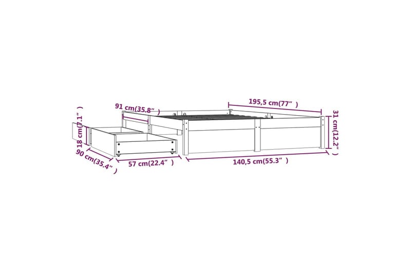 beBasic sengeramme med skuffer 135x190 cm dobbelt - Brun - Møbler - Senge - Sengeramme & sengestel