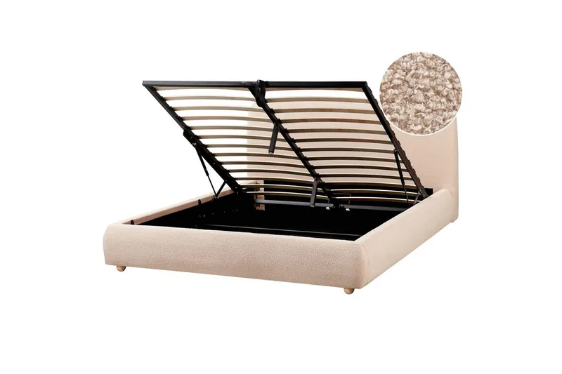 Blagnac Sengeramme med Opbevaring i Bouclé-stof med Sengegavl med Fasthedsgrad, Beige
