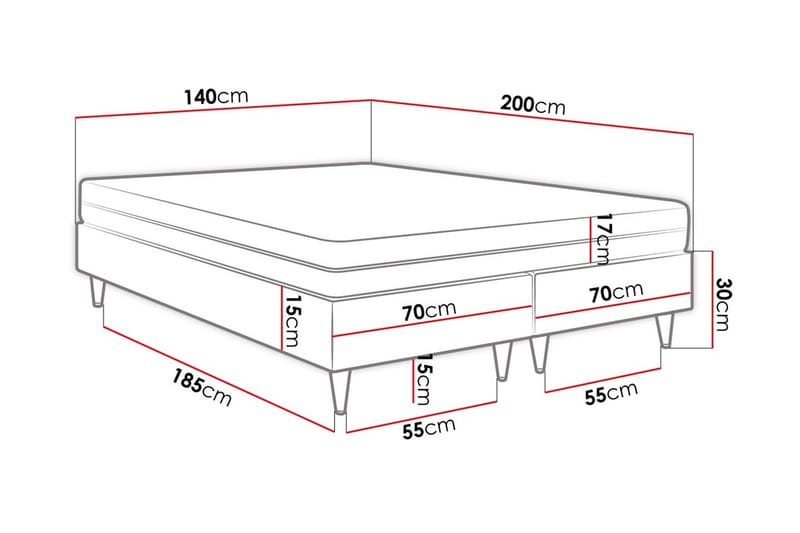 Adeliza Boksseng 140x200 cm - Kunstlæder/Hvid/Træ/Metal - Boxmadras & boxseng