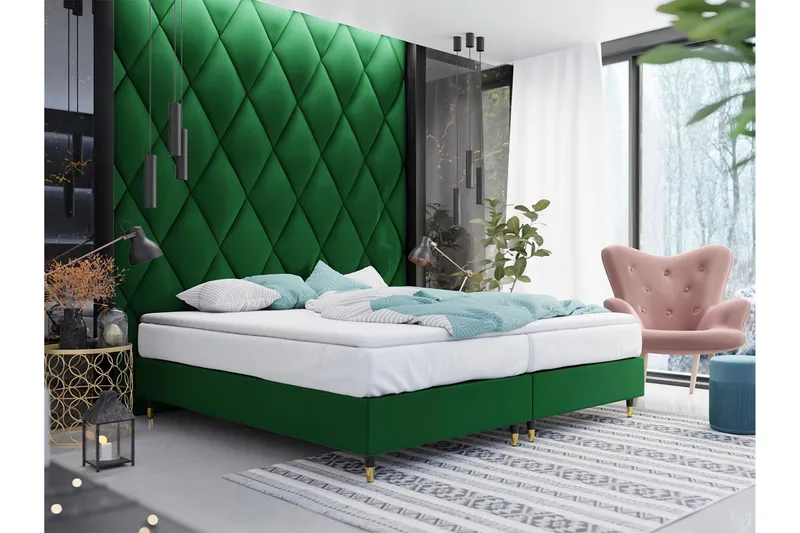 Adeliza Boksseng 140x200 cm - Velour/Mørkegrøn/Træ/Metal - Møbler - Senge - Boxmadras & boxseng