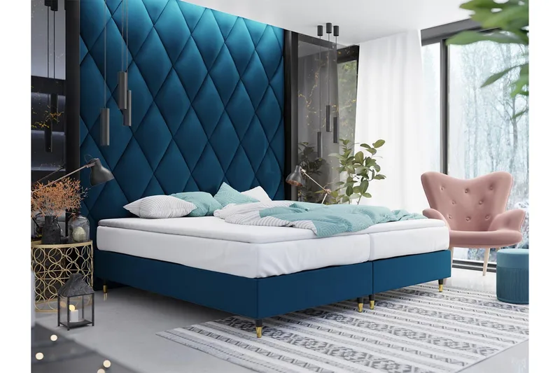 Adeliza Boksseng 160x200 cm - Velour/Blå/Træ/Metal - Møbler - Senge - Boxmadras & boxseng