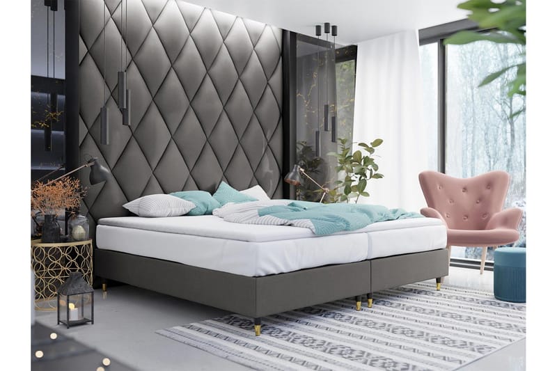 Adeliza Boksseng 160x200 cm - Velour/Grå/Træ/Metal - Møbler - Senge - Boxmadras & boxseng