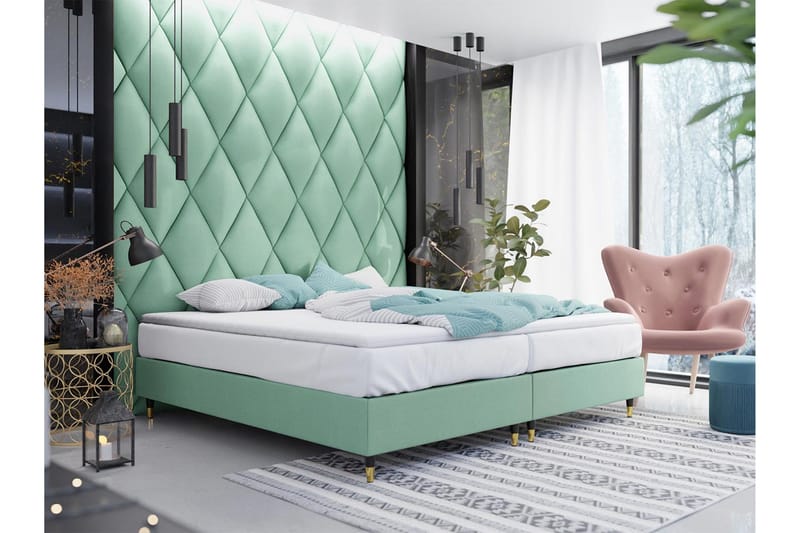Adeliza Boksseng 160x200 cm - Velour/Lysegrøn/Træ/Metal - Møbler - Senge - Boxmadras & boxseng