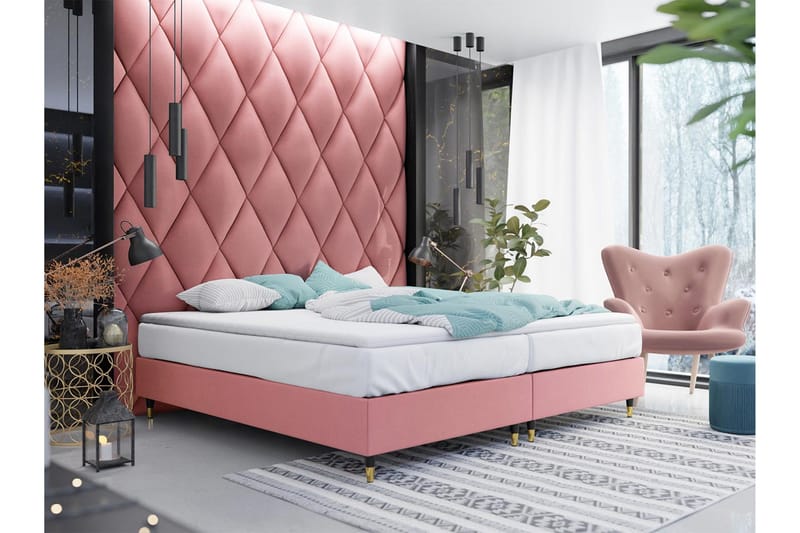 Adeliza Boksseng 160x200 cm - Velour/Lyserød/Træ/Metal - Møbler - Senge - Boxmadras & boxseng