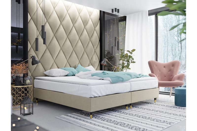 Adeliza Boksseng 180x200 cm - Velour/Beige/Træ/Metal - Møbler - Senge - Boxmadras & boxseng