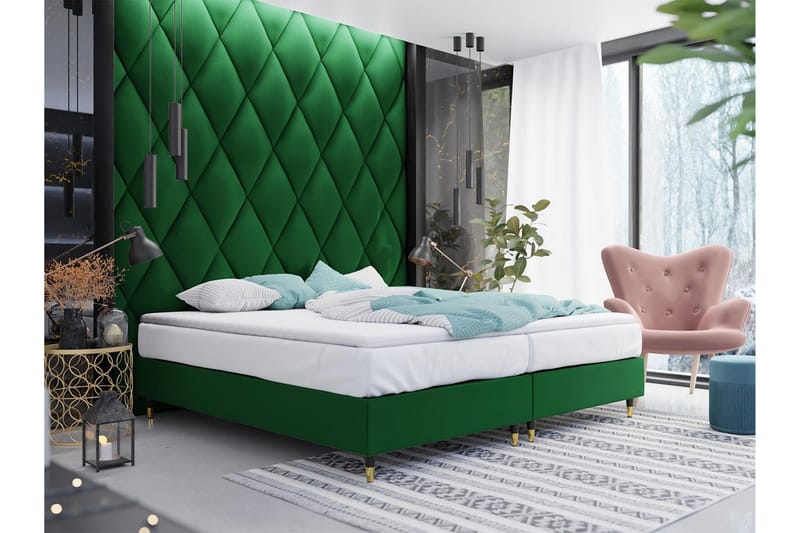 Adeliza Boksseng 180x200 cm - Velour/Mørkegrøn/Træ/Metal - Møbler - Senge - Boxmadras & boxseng