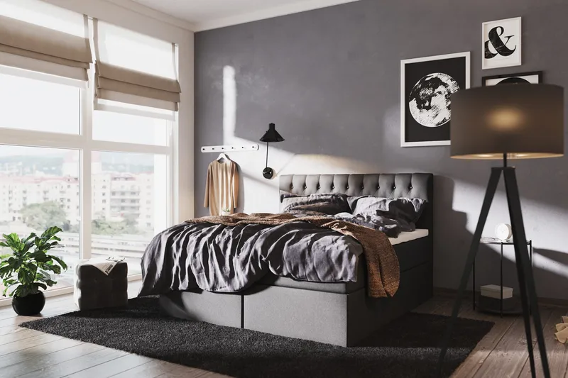 Boxy Box Bed 160x200 cm Komplet Sengepakke med Opbevaring - Sort/Grå - Møbler - Senge - Komplet sengepakke