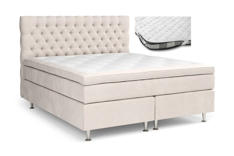 Celine Komplet Sengesæt 160x200 cm Dobbeltseng med Sengegavl + Madrasbeskytter - Beige / Fløjl - Møbler - Senge - Komplet sengepakke