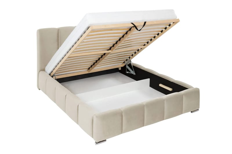 Cleaton sengeramme 160x200 cm med opbevaring, HVILA fjedermadras og topmadras i memoryskum med vaskbart betræk - Beige/Hvid - Møbler - Senge - Komplet sengepakke