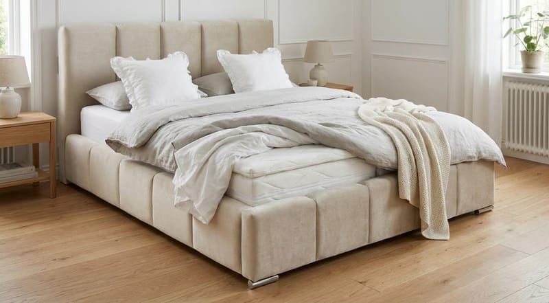 Cleaton sengeramme 180x200 cm med opbevaring, HVILA fjedermadras og topmadras i memoryskum med vaskbart betræk - Beige - Møbler - Senge - Komplet sengepakke