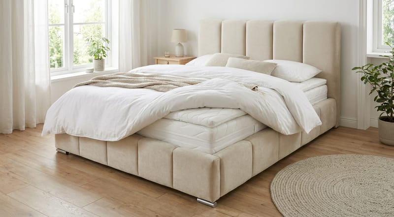 Cleaton sengeramme 180x200 cm med opbevaring, HVILA pocketfjedermadras og topmadras i latex med vaskbart betræk - Grå/Hvid - Møbler - Senge - Komplet sengepakke