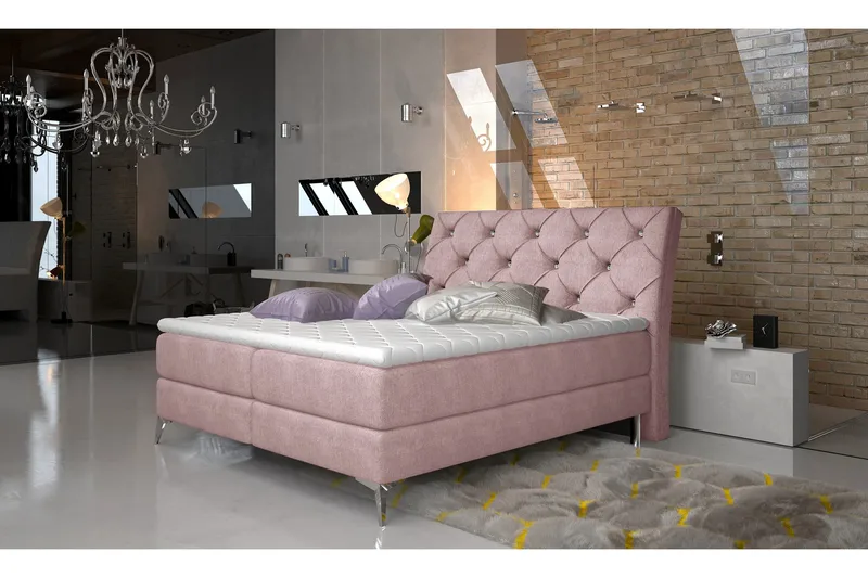 Arrojo Sengepakke – Sengeramme 180x200 cm i Stof med Sengegavl + Topmadras, Rosa
