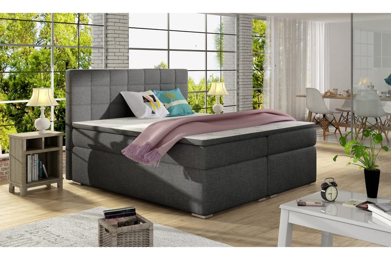 Cassaundra Sengepakke – Sengeramme 180x200 cm i Stof med Sengegavl + Topmadras, Grå
