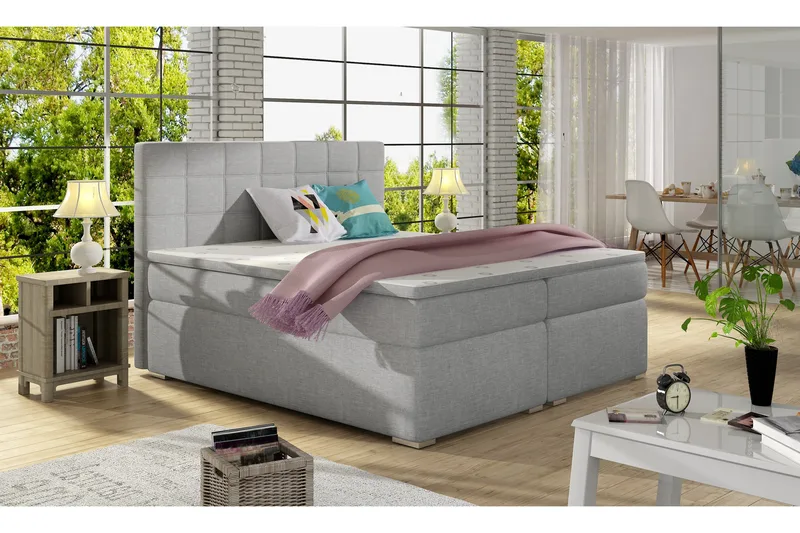 Cassaundra Sengepakke – Sengeramme 180x200 cm i Stof med Sengegavl + Topmadras, Grå