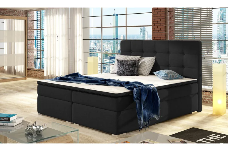 Esteiro Sengepakke – Dobbeltseng 160x200 cm i Stof med Sengegavl + Topmadras, Sort