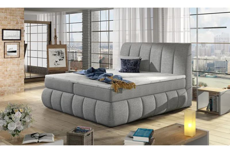 Fabara Sengepakke – Sengeramme 180x200 cm i Stof med Sengegavl + Topmadras, Grå