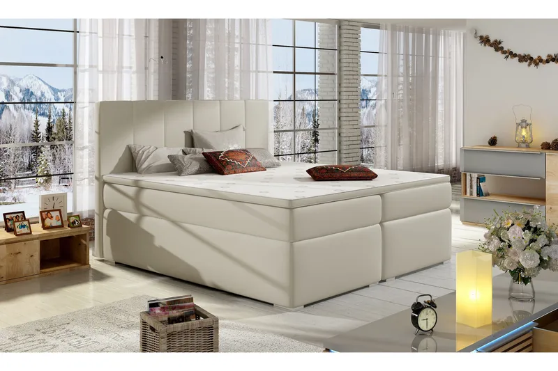 Jemina Sengepakke – Sengeramme 180x200 cm med Opbevaring og Sengegavl + Topmadras, Beige
