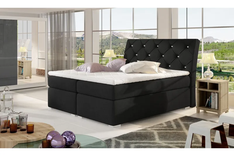 Sutra Sengepakke – Dobbeltseng 160x200 cm med Opbevaring og Sengegavl + Topmadras, Sort