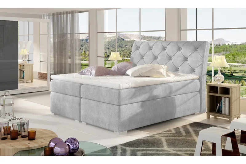 Sutra Sengepakke – Sengeramme 180x200 cm med Opbevaring og Sengegavl + Topmadras, Grå