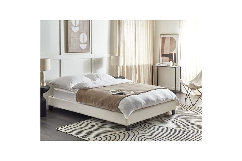 Dubbelsäng Beliani Roanne med lamellram Beige-Mörkt Trä, 140x200 cm, Bouclé Beige 140x200 VALUE_MISSING_1 - Møbler - Senge - Sengeramme & sengestel