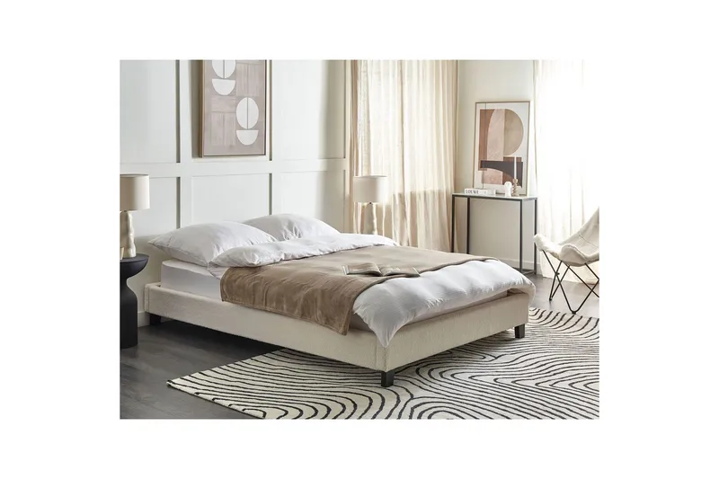 Dubbelsäng Beliani Roanne med lamellram Beige-Mörkt Trä, 140x200 cm, Bouclé Beige 140x200 VALUE_MISSING_2 - Møbler - Senge - Dobbeltsenge