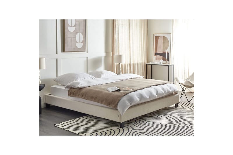 Dubbelsäng Beliani Roanne med lamellram Beige-Mörkt Trä, 140x200 cm, Bouclé Beige 180x200 VALUE_MISSING_6 - Møbler - Senge - Dobbeltsenge