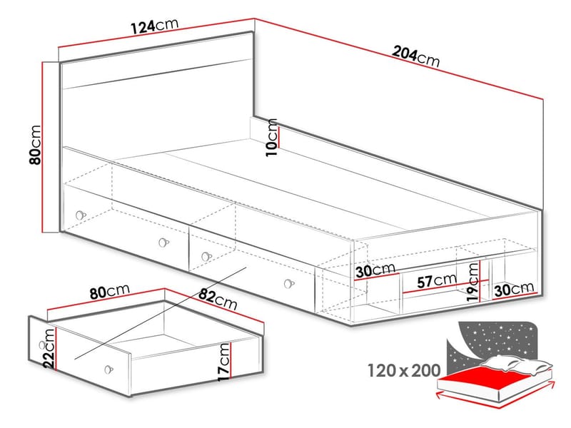 Elvaren Sengeramme med Opbevaring 120x200 cm i Malet Træ med Sengegavl - Sort|Hvid - Møbler - Senge - Sengeramme & sengestel