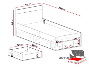Elvaren Sengeramme med Opbevaring 90x200 cm i Malet Træ med Sengegavl - Sort|Hvid - Møbler - Senge - Sengeramme & sengestel
