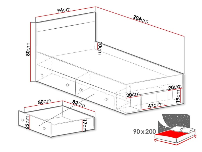 Elvaren Sengeramme med Opbevaring 90x200 cm i Malet Træ med Sengegavl - Sort|Hvid - Møbler - Senge - Sengeramme & sengestel