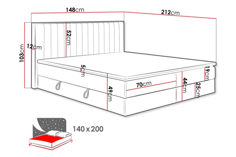Kontinentalseng HARMONY 140x200 - Sort - Komplet sengepakke - Seng med opbevaring - Familieseng