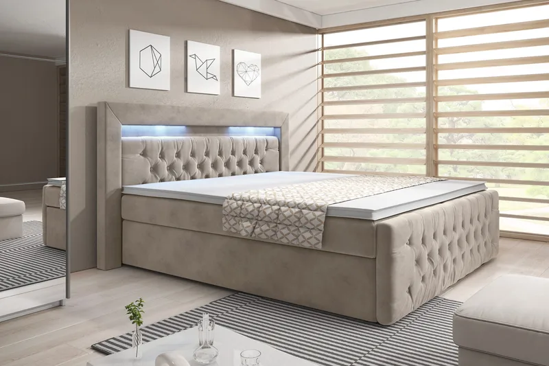 Franco Komplet Sengesæt med Løftbar Opbevaring LED-belysning 180x200, Beige/Velour