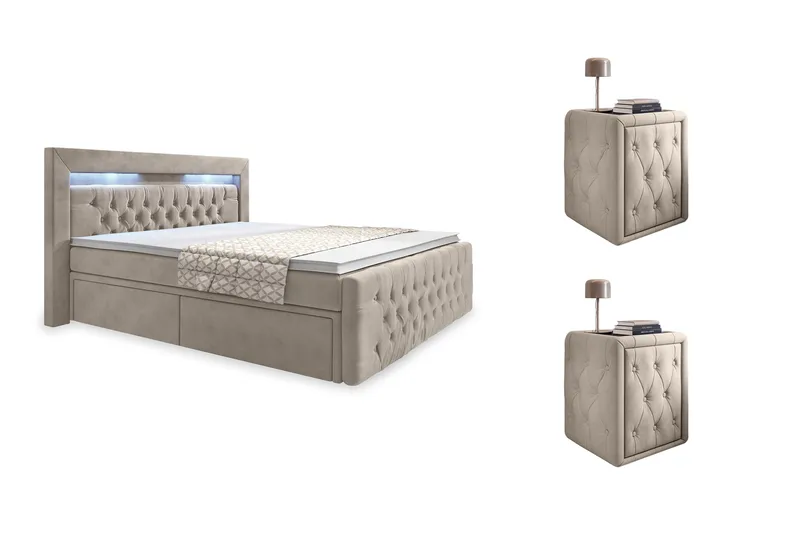 Franco Komplet Sengesæt med Opbevaring LED-belysning 180x200 cm + 2 stk. Franco Sengebord, Beige/Velour