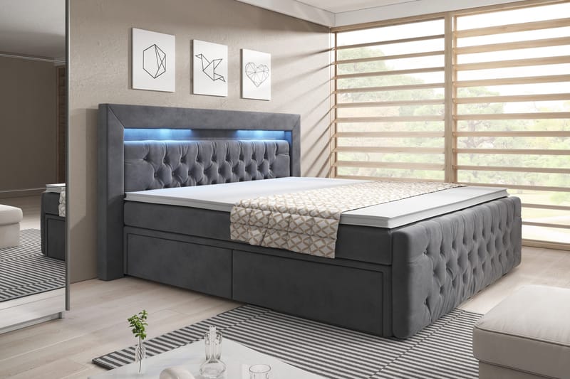 Franco Komplet Sengesæt med Opbevaring LED-belysning 180x200 cm + 2 stk. Franco Sengebord - Grå/Velour - Møbler - Senge - Komplet sengepakke