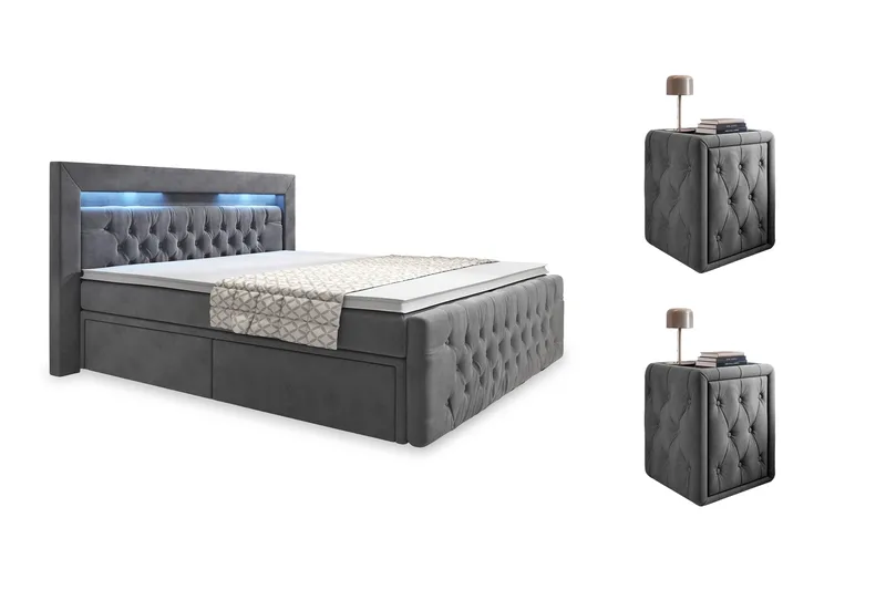 Franco Komplet Sengesæt med Opbevaring LED-belysning 180x200 cm + 2 stk. Franco Sengebord, Grå/Velour