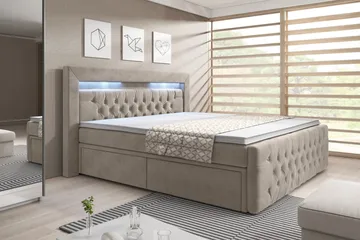 Franco Komplet Sengesæt med Opbevaring LED-belysning 180x200 cm + 2 stk. Franco Sengebord - Beige/Velour - Møbler - Senge - Komplet sengepakke