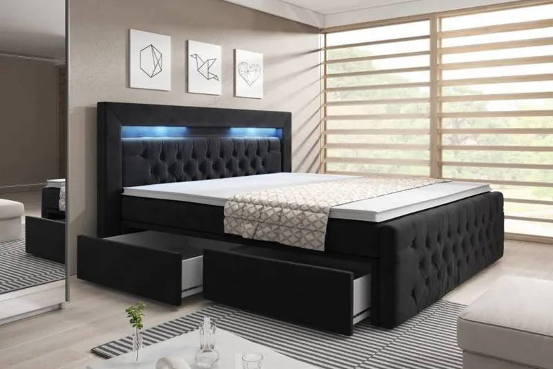 Franco Komplet Sengesæt med Opbevaring LED-belysning 180x200 cm - Sort/Velour - Møbler - Senge - Komplet sengepakke