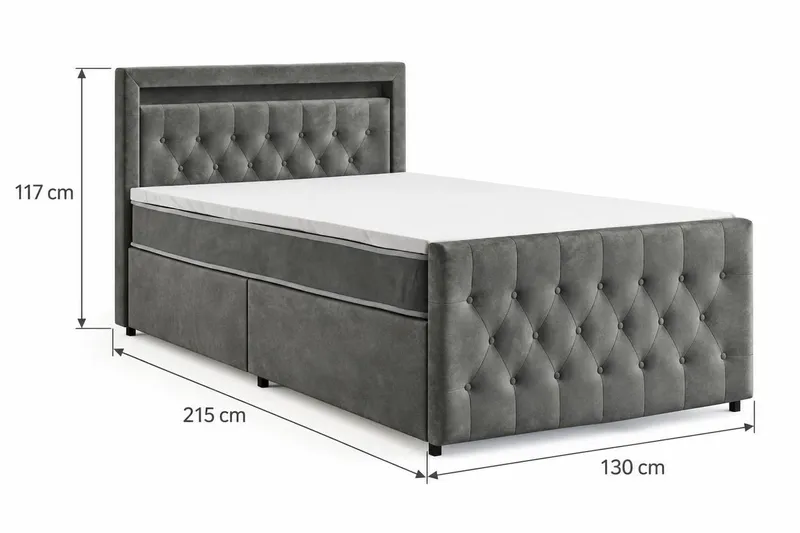 Franco Light komplet sengepakke med opbevaring og LED-belysning 120x200 cm - Grå - Møbler - Senge - Komplet sengepakke