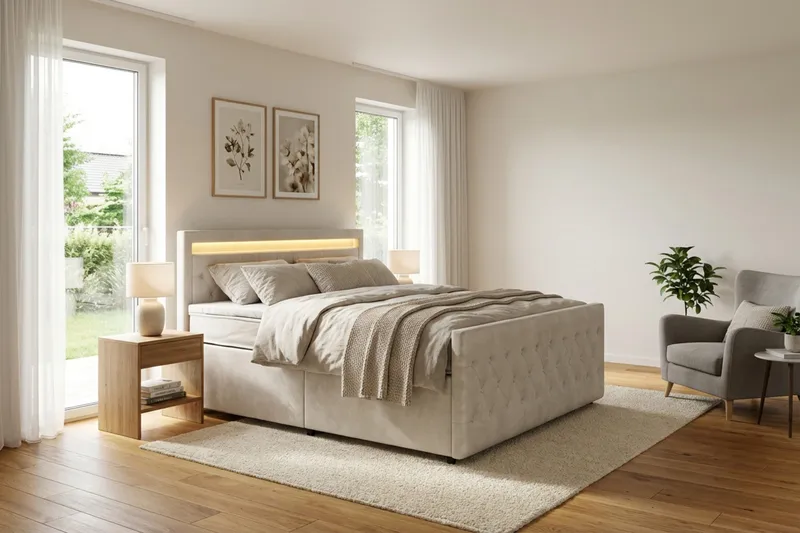Franco light komplet sengepakke med opbevaring og LED-belysning 180x200 cm - Beige - Møbler - Senge - Komplet sengepakke
