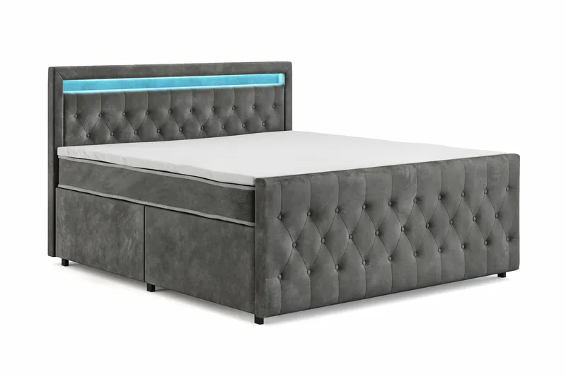 Franco light komplet sengepakke med opbevaring og LED-belysning 180x200 cm - Grå - Møbler - Senge - Komplet sengepakke